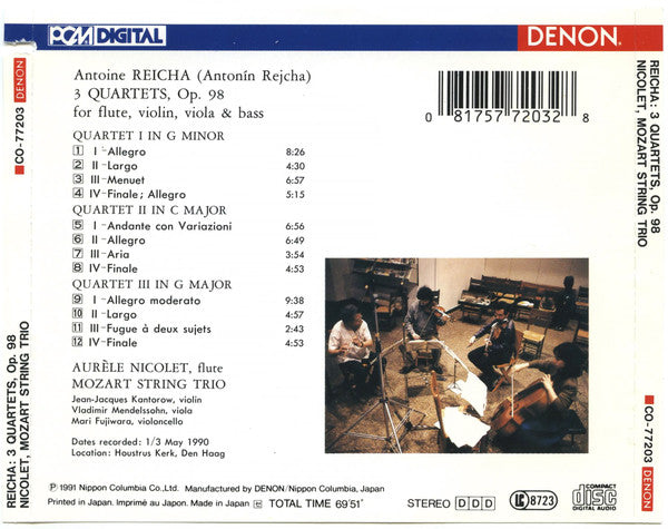 A. Reicha - Nicolet Aurèle, flute - 3 Quartets, Op. 98 for flute, violin ,viola & bass (CD)