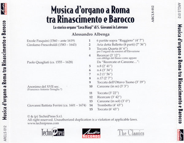 Alessandro Albenga - Musica d'organo a Roma tra Rinascimento e Barocco (CD)