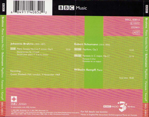 Brahms - Schumann - Kempff - Piano Sonata No.3 in F minor - Papillons - Fantasie in C (CD)