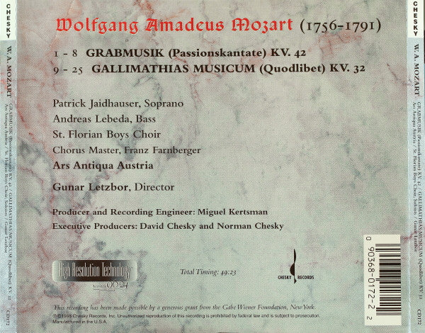 Mozart, Gunar Letzbor, Ars Antiqua Austria, St. Florianer Sängerknaben – Grabmusik KV. 42, Gallimathias Musicum KV. 32 (CD)