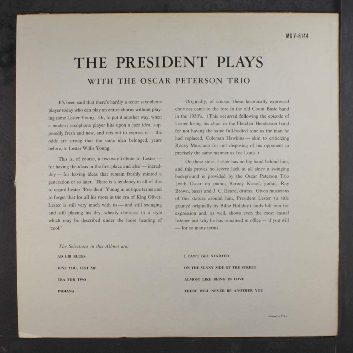 Lester YOUNG, Oscar PETERSON TRIO - THE PRESIDENT PLAYS (LP)