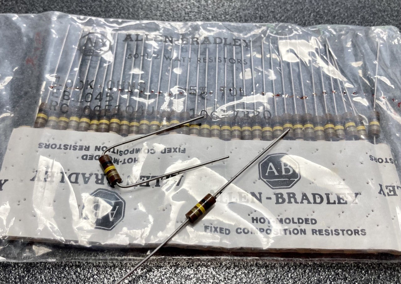 Resistori Allen Bradley 100k ohm 1/2 watt impasto di carbone - set 50 pezzi