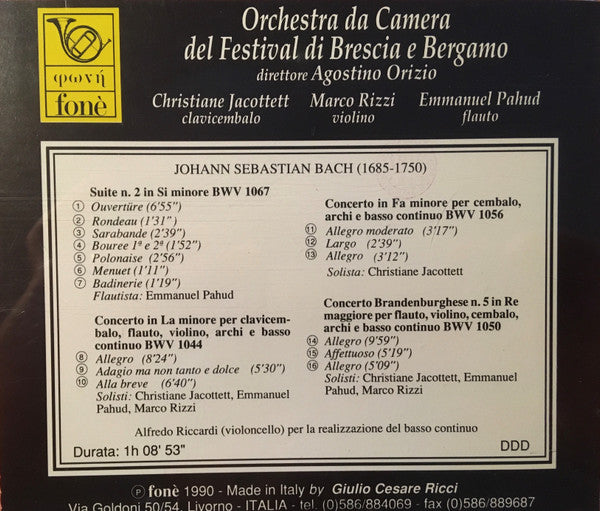 J.S. Bach - Orchestra da Camera del Festival di Brescia e Bergamo - dir. Agostino Orizio - Johann Sebastian Bach, Suite and Concertos (CD)