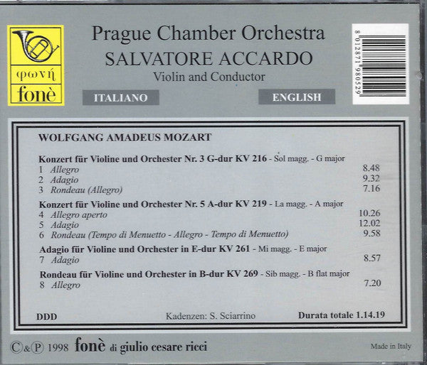 Mozart - Salvatore Accardo, violin and conductor	Concertos KV 216, KV219 - Adagio KV 261 - Rondeau KV 269 (CD)