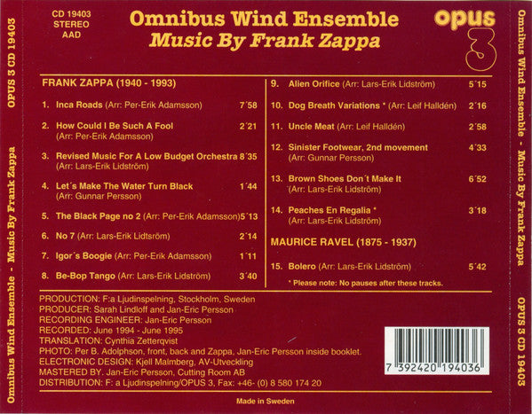 Omnibus Wind Ensemble - Music by Frank Zappa (CD)
