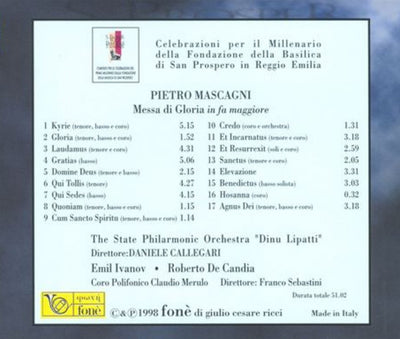 Pietro Mascagni - Messa di Gloria in fa maggiore (CD)