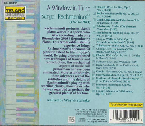 Rachmaninoff – A Window In Time / Rachmaninoff Performs Bach, Chopin, Mendelssohn, Paderewski, Schubert, Tchaikovsky, And Others (CD)
