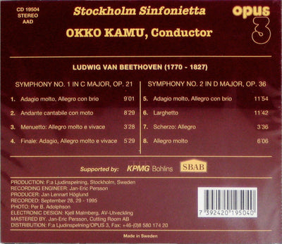 Stockholm Sinfonietta, Okko Kamu conductor	L.V. Beethoven - Symphony No. 1 in C Major, Op. 21 e Op. 36 (CD)