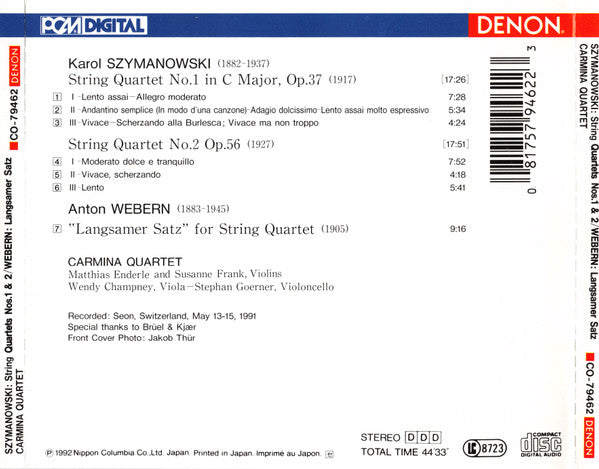 Szymanowski, Webern, Carmina Quartet – String Quartets (No.1 In C Major, Op.37 / No.2, Op.56) / Langsamer Satz (CD)